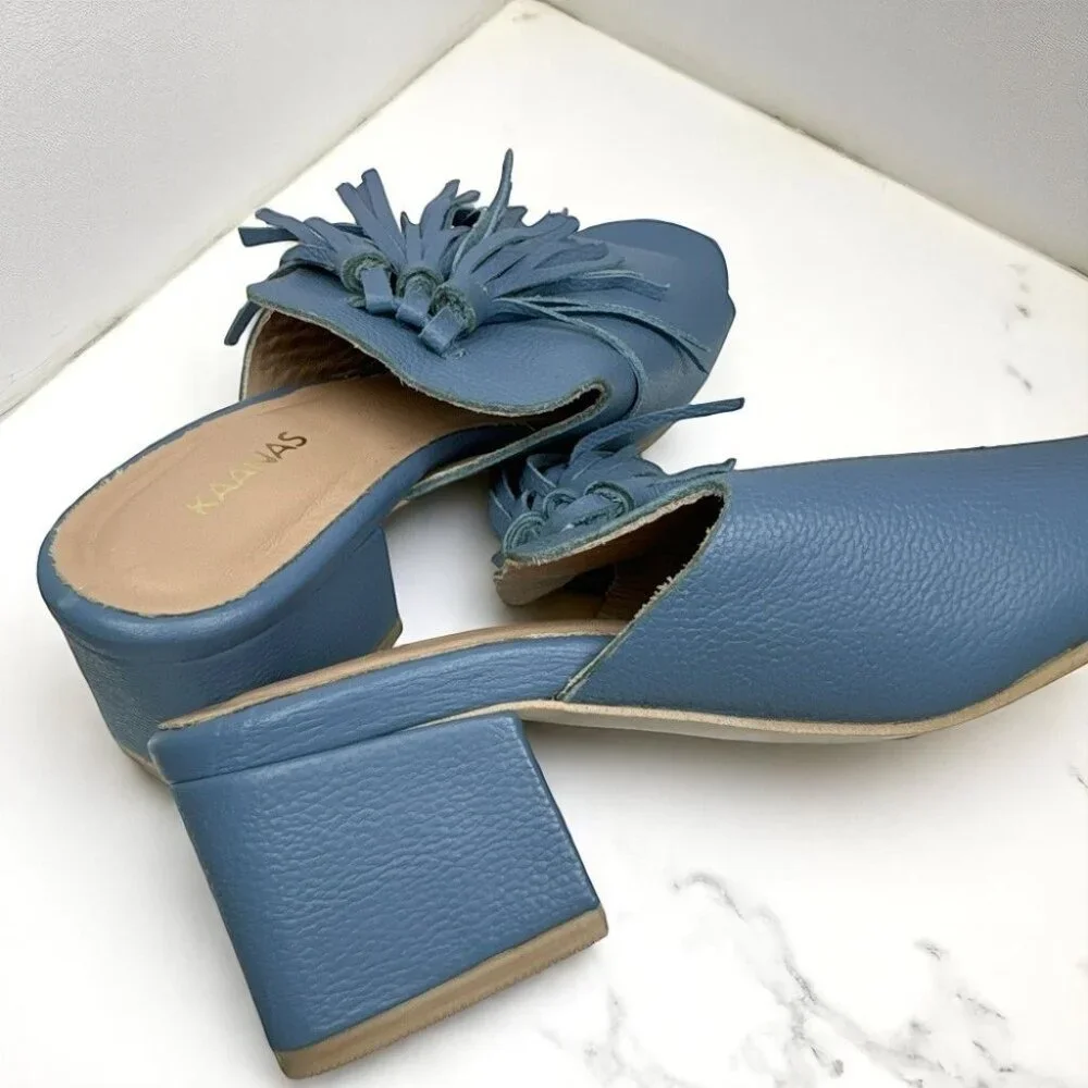 Kaanas Blue Pompom Leather Loafer Mule Sandal